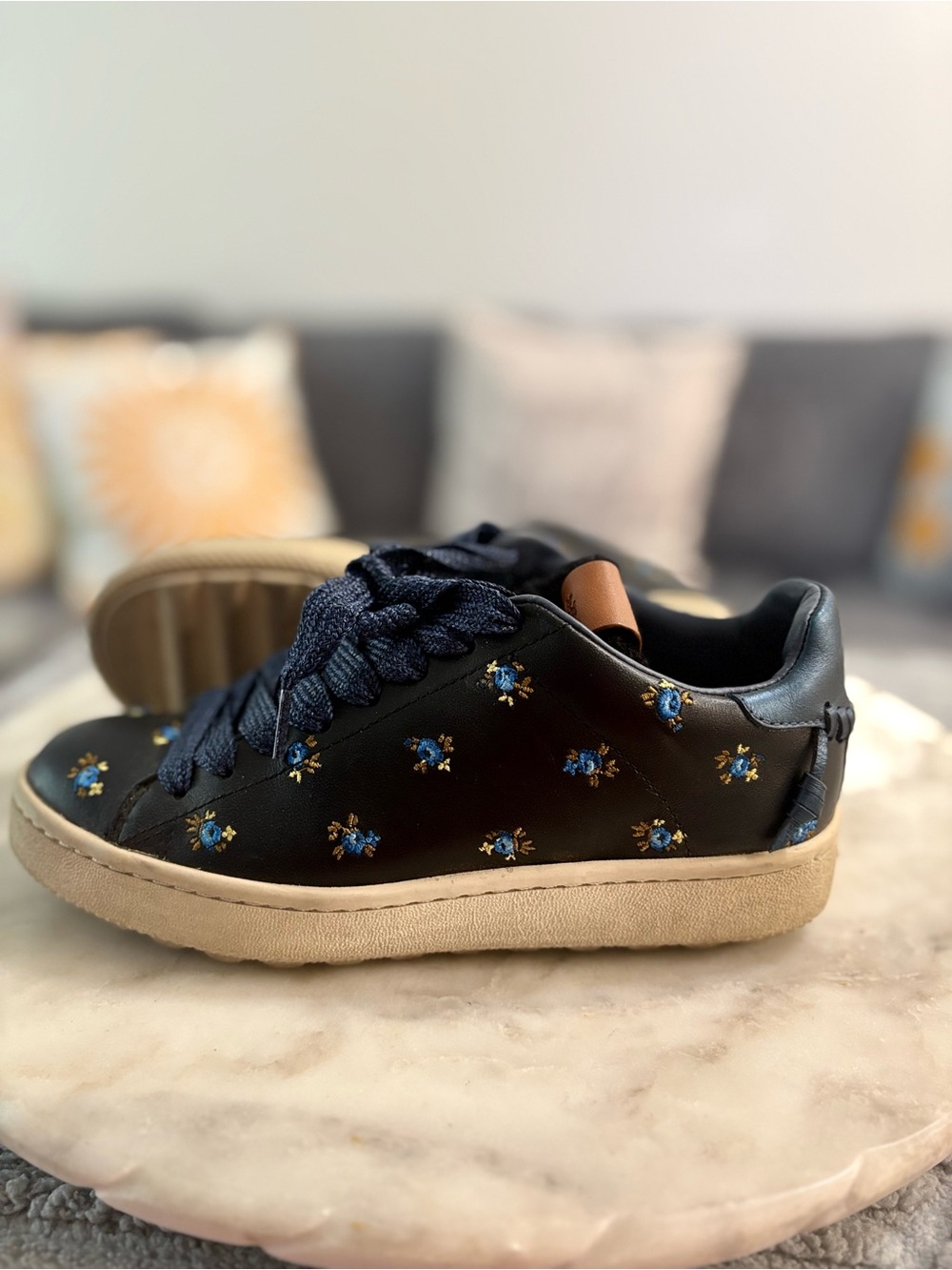 Coach Black Sneakers with Blue Floral Embroidery